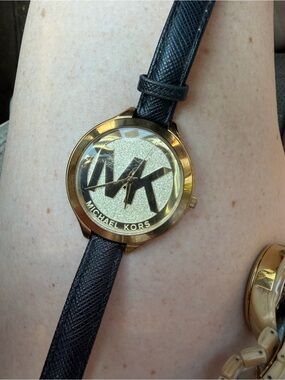 Michael Kors Gold and Black MK Logo Glitter Dial Watch